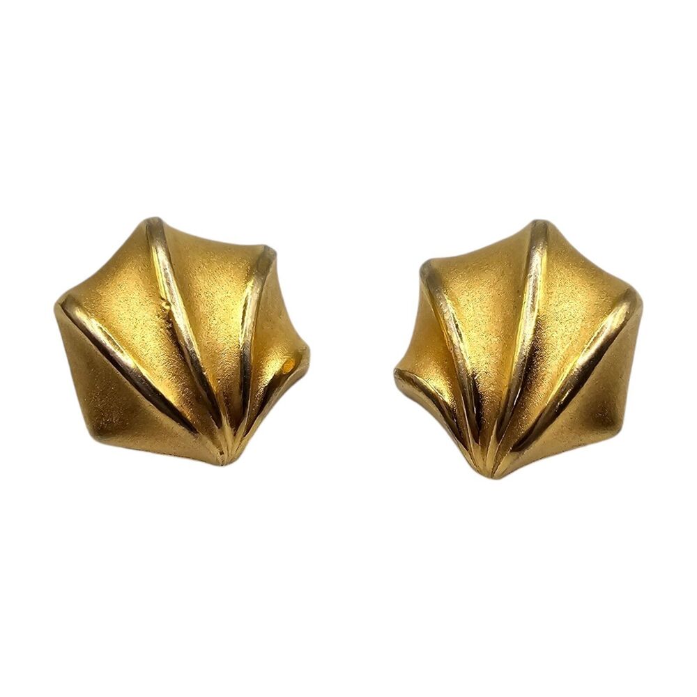 Vintage Fan Shell Earrings Pierced Gold Tone Retro Style SKU 36